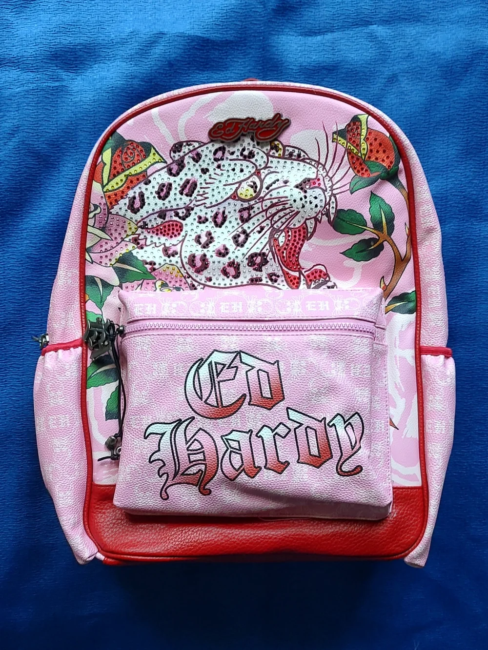 Ed Hardy Pink Faux Leather Leopard Tattoo Design Backpack New With Tags